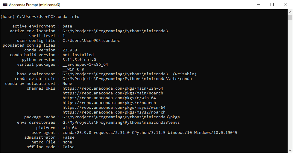Anaconda prompt, информация установки