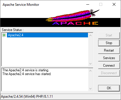 Окно монитора служб Апачи