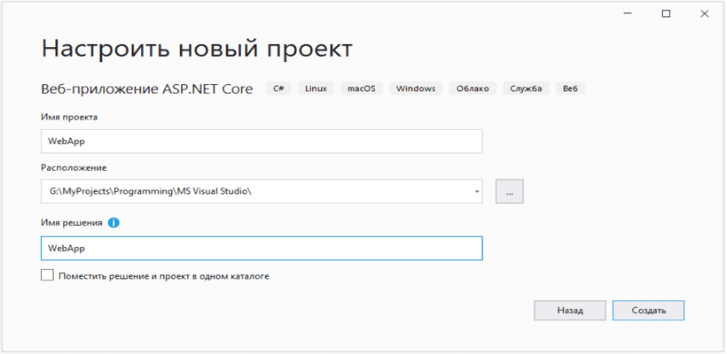 Настройка создаваемого проекта в Visual Studio