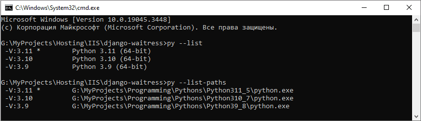 Проверка установленных интерпретаторов Python