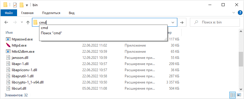 Запуск командной строки из папки bin сервера Апачи